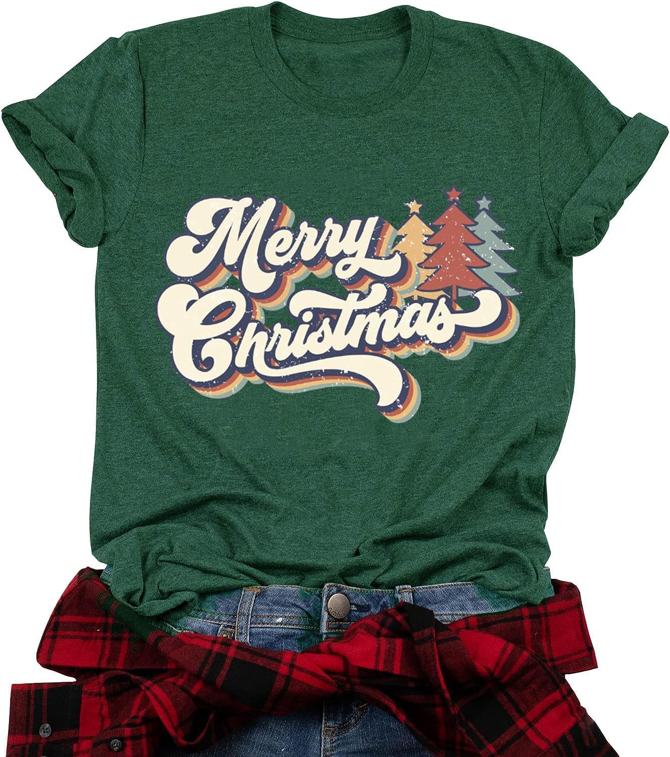 Merry Christmas Shirt Women Christmas Tree Print T Shirt Vintage Graphic Short Sleeve Tops Tees