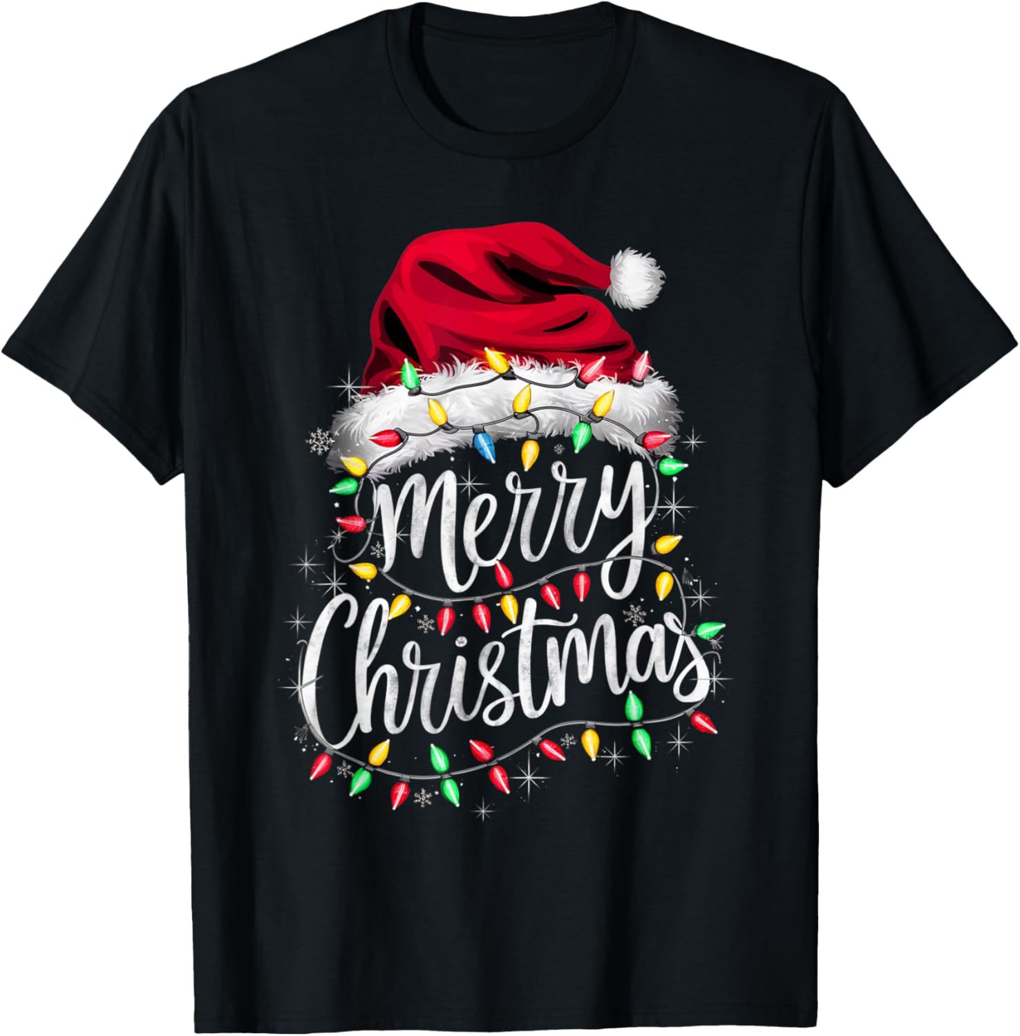 Merry Christmas Lights Red Santa Hat Xmas Family Men Women T-Shirt